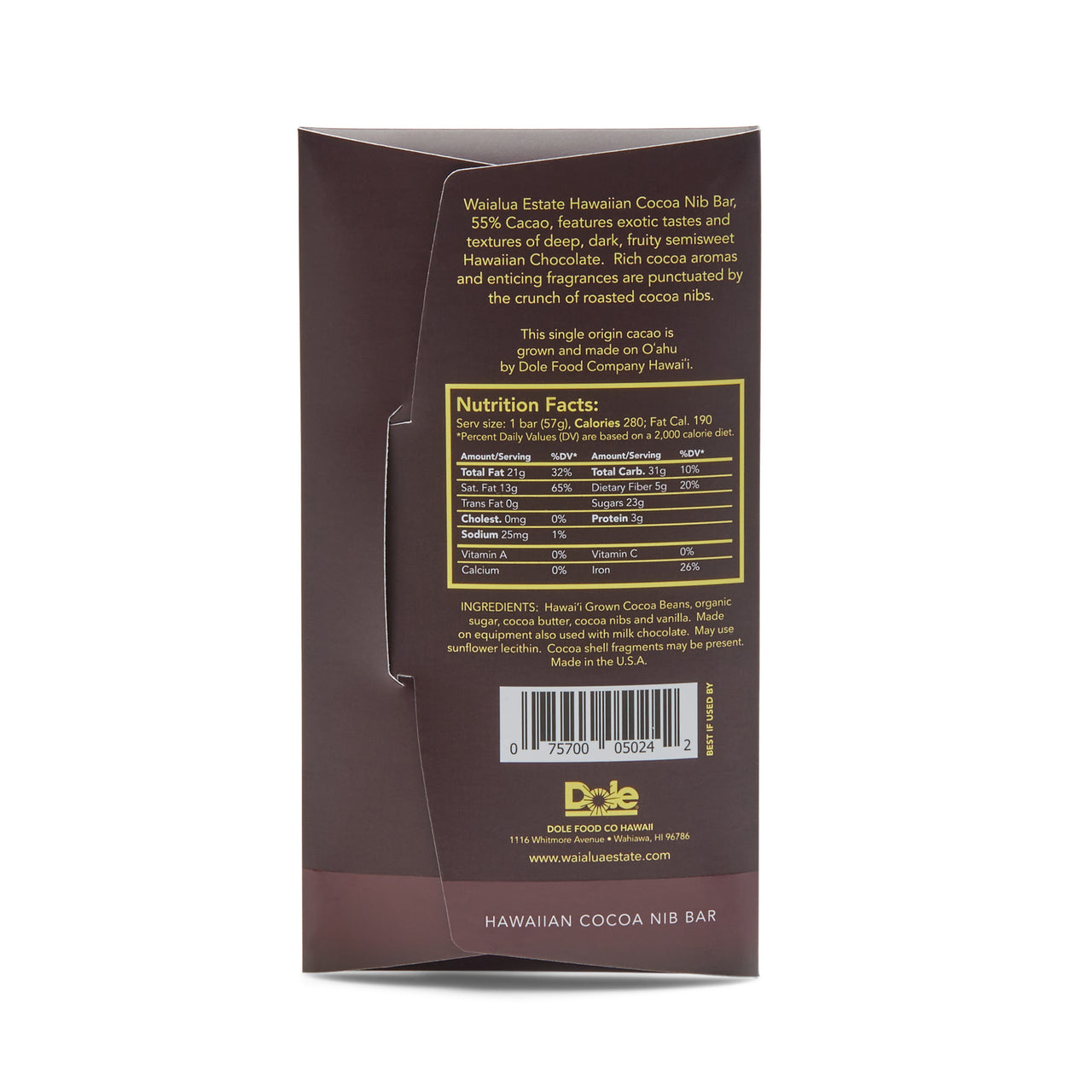 55% Cacao Hawaiian Cocoa Nib Bar Back of Package